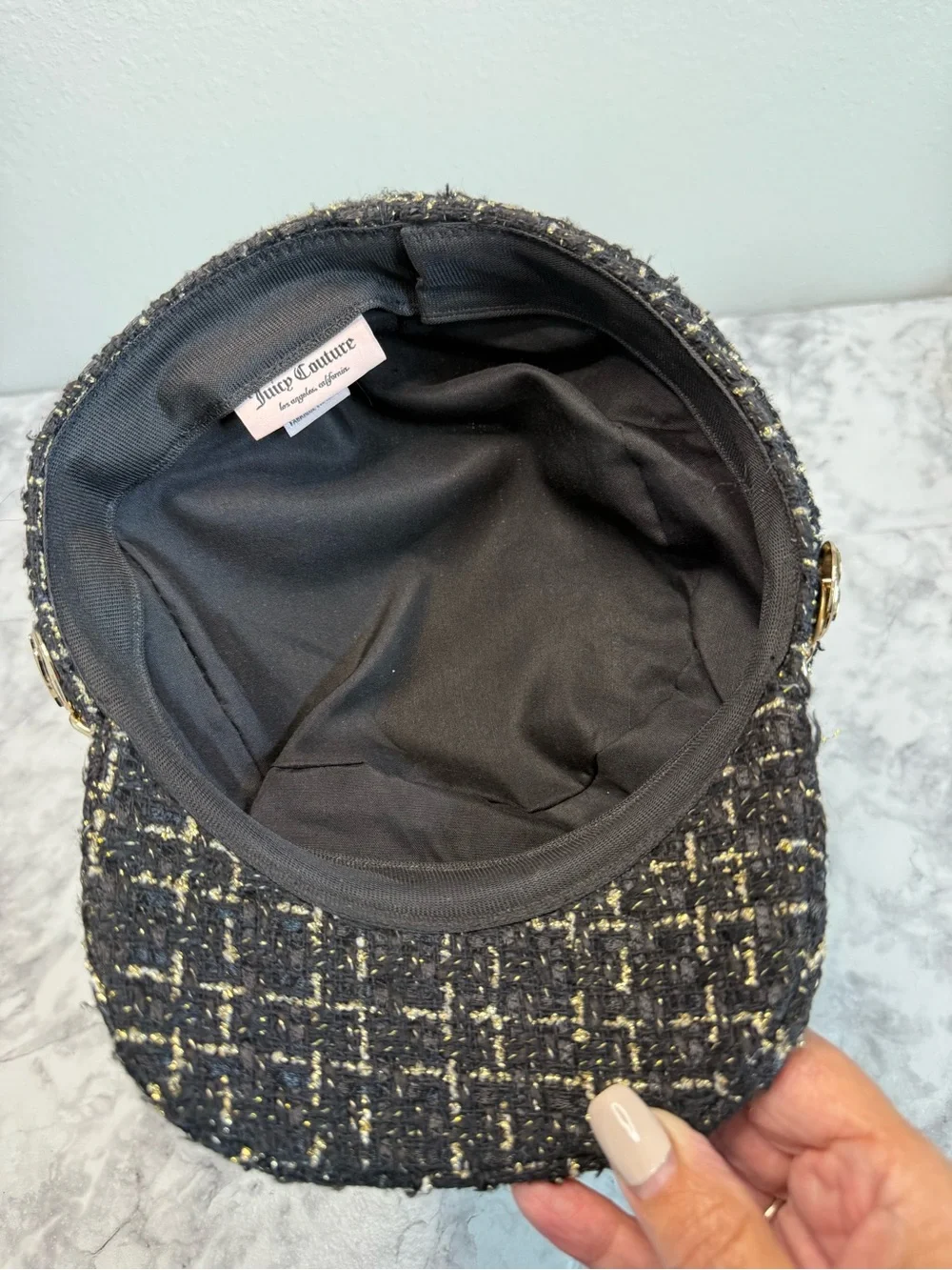 Vintage Y2K Juicy Couture Black Tweed Newsboy Cap with Gold Chain Accent